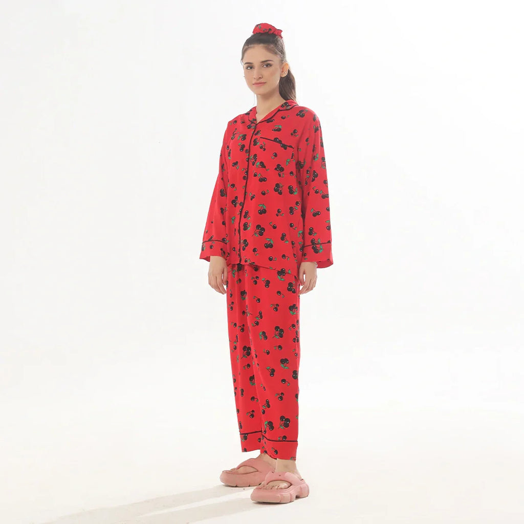 Cherry Linen Pajama Suit with Scrunchie