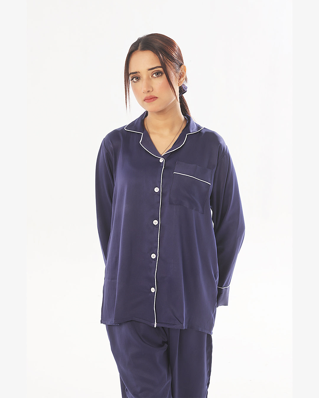 Silk Pajama Suit with Scrunchie - Pearl