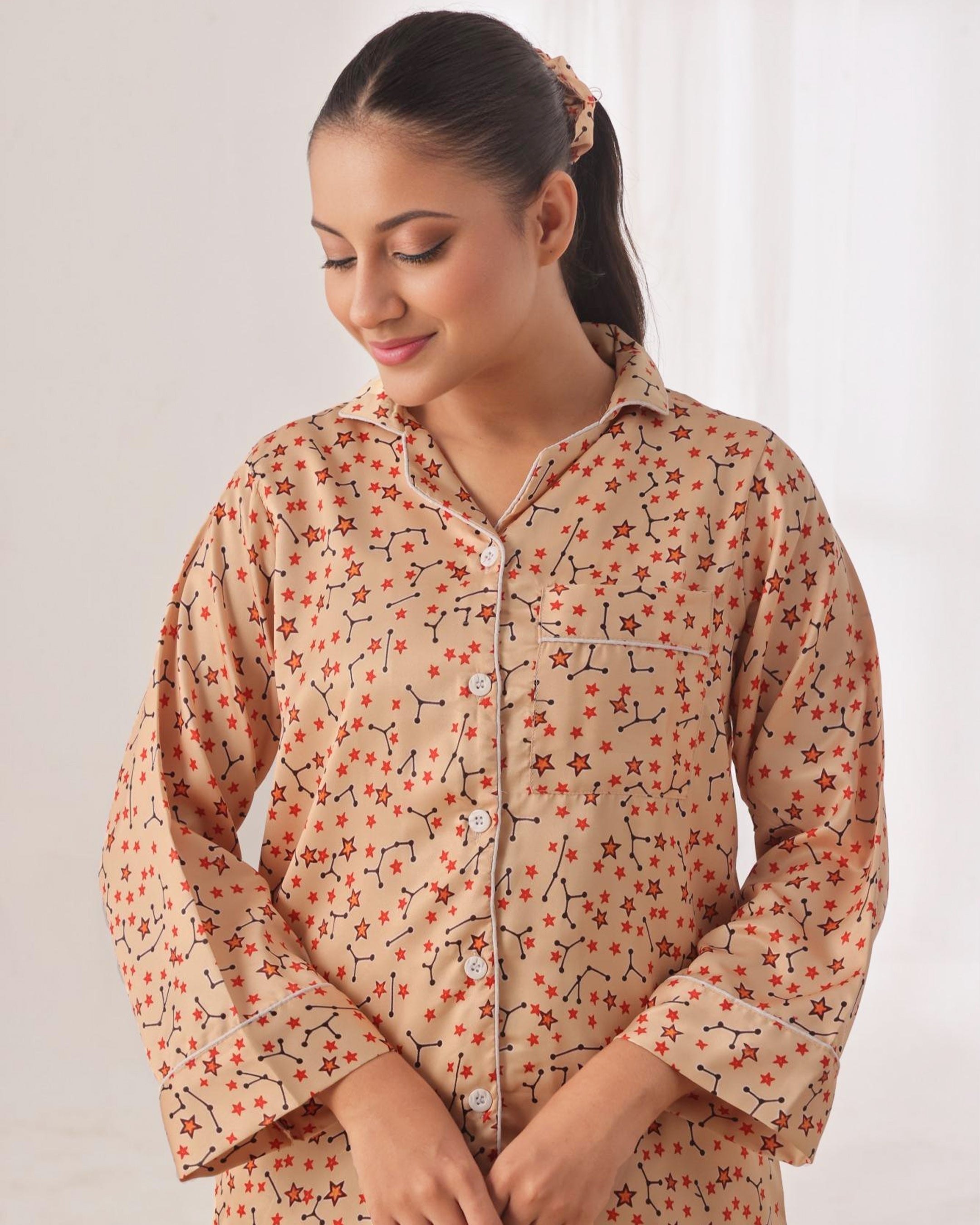 Silk Pajama Suit with Scrunchie - Cosmic Calm