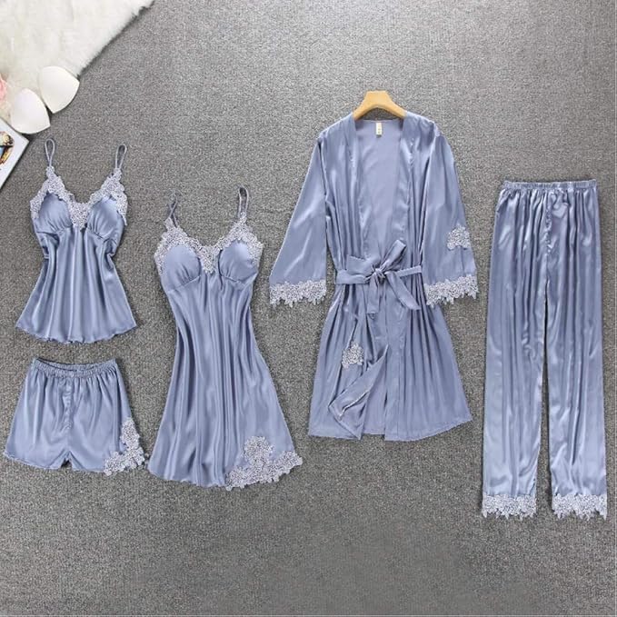 Femmeease | 5pcs LONG SILK NIGHTY SET