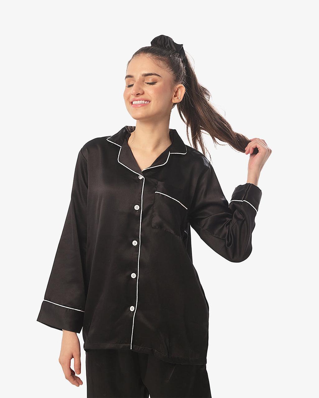 Silk Pajama Suit with Scrunchie - Pearl