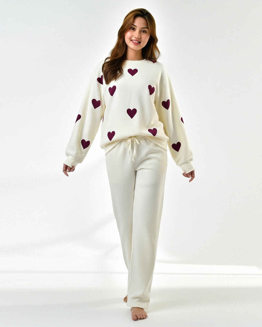 Fleece Pajama Set – Heart Cozy - Off White