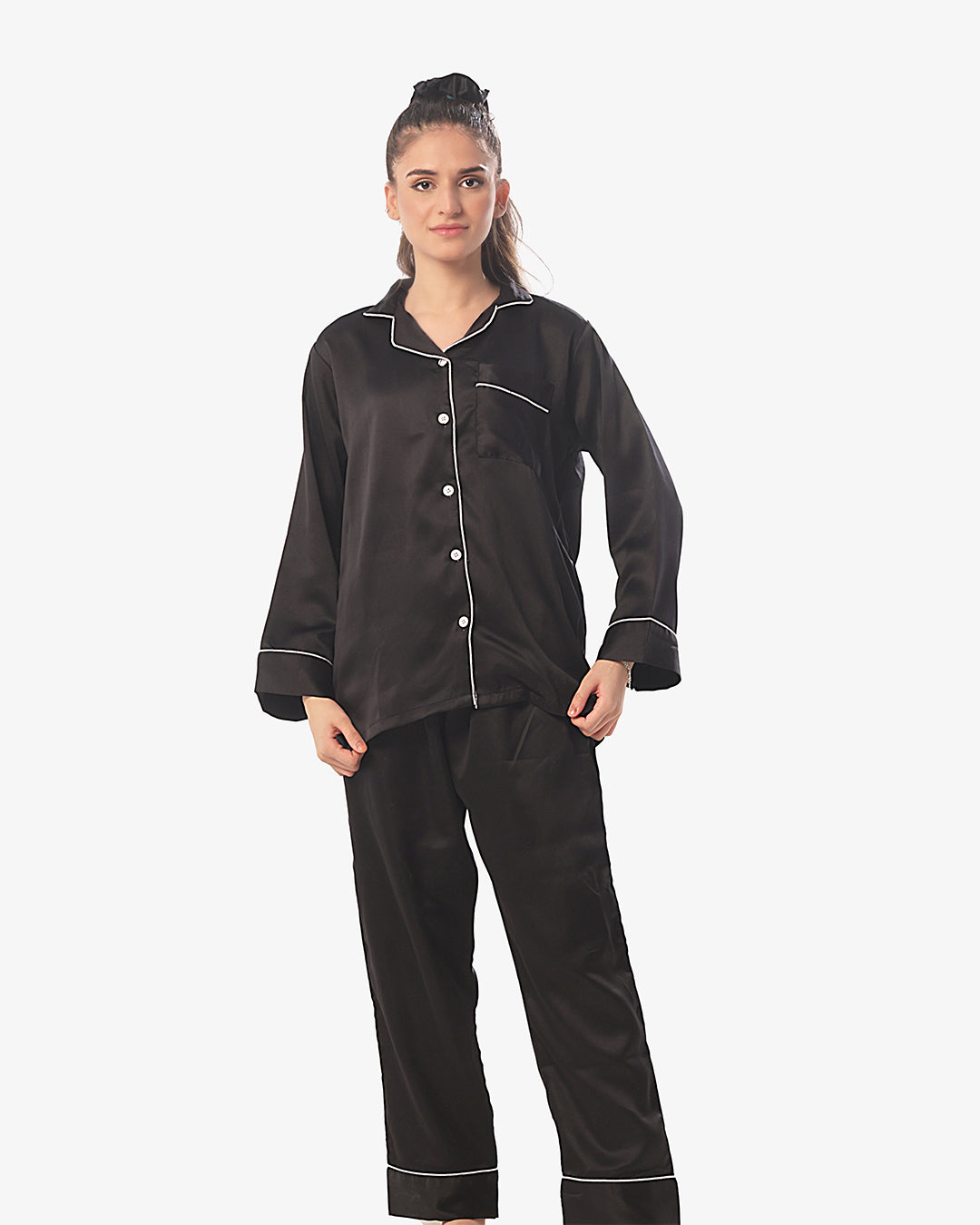 Silk Pajama Suit with Scrunchie - Pearl