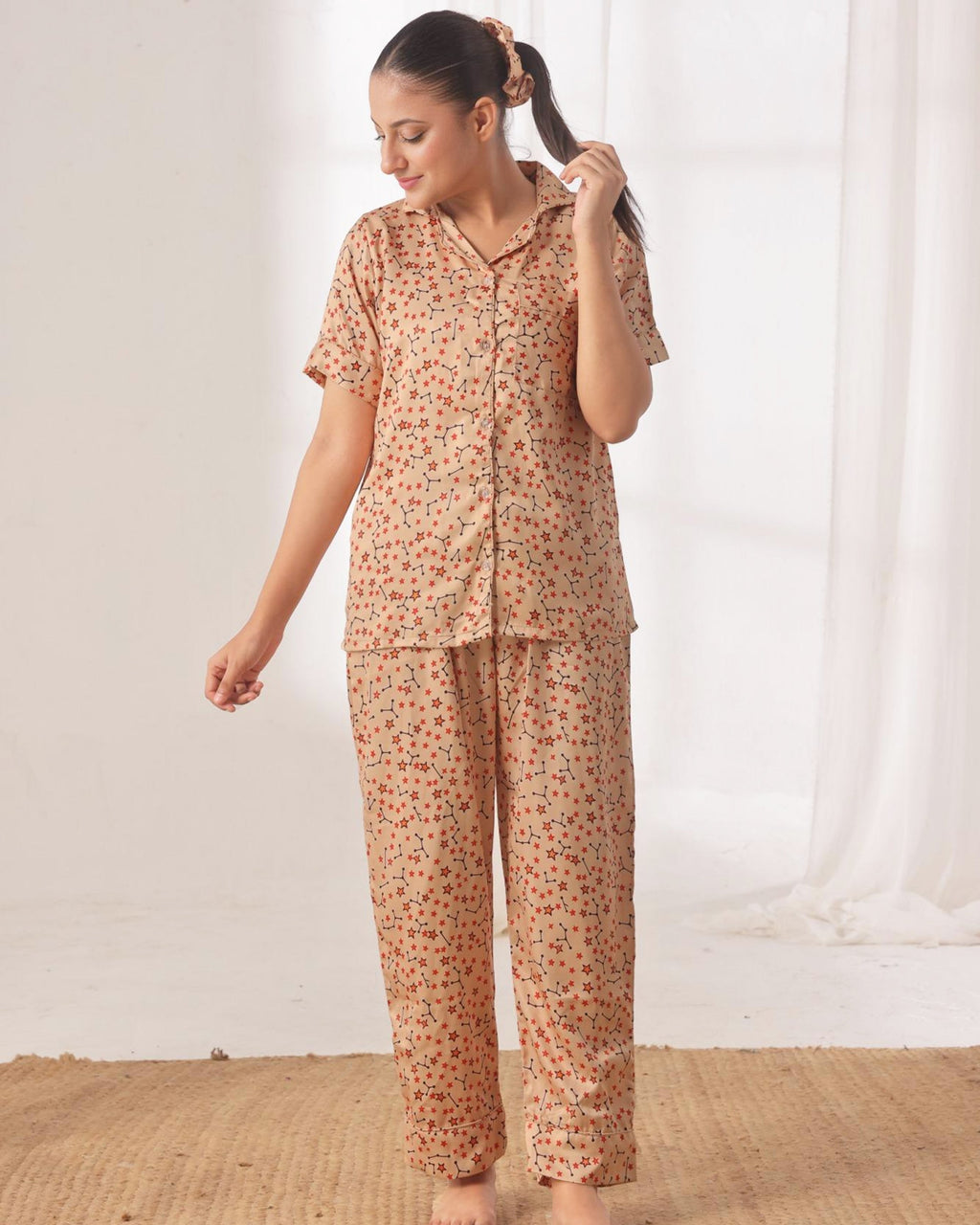 Silk Pajama Suit with Scrunchie - Starlight Dream