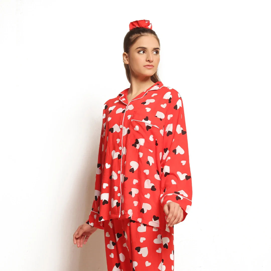 Sweetheart Red Linen Pajama Suit with Scrunchie