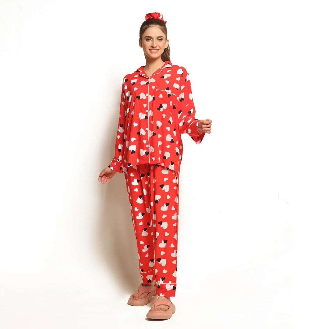 Sweetheart Red Linen Pajama Suit with Scrunchie