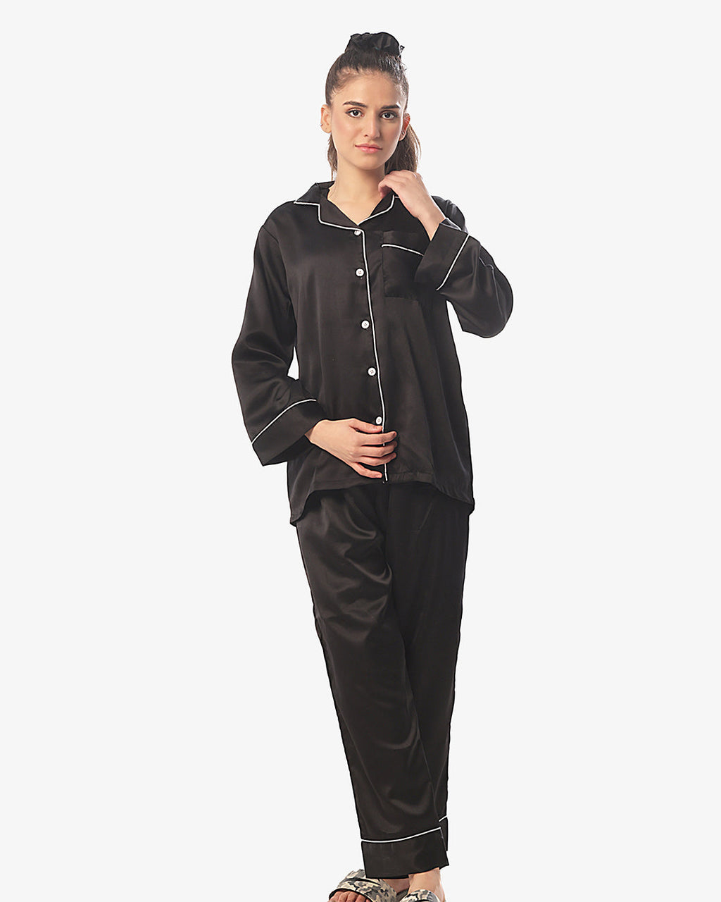 Silk Pajama Suit with Scrunchie - Pearl