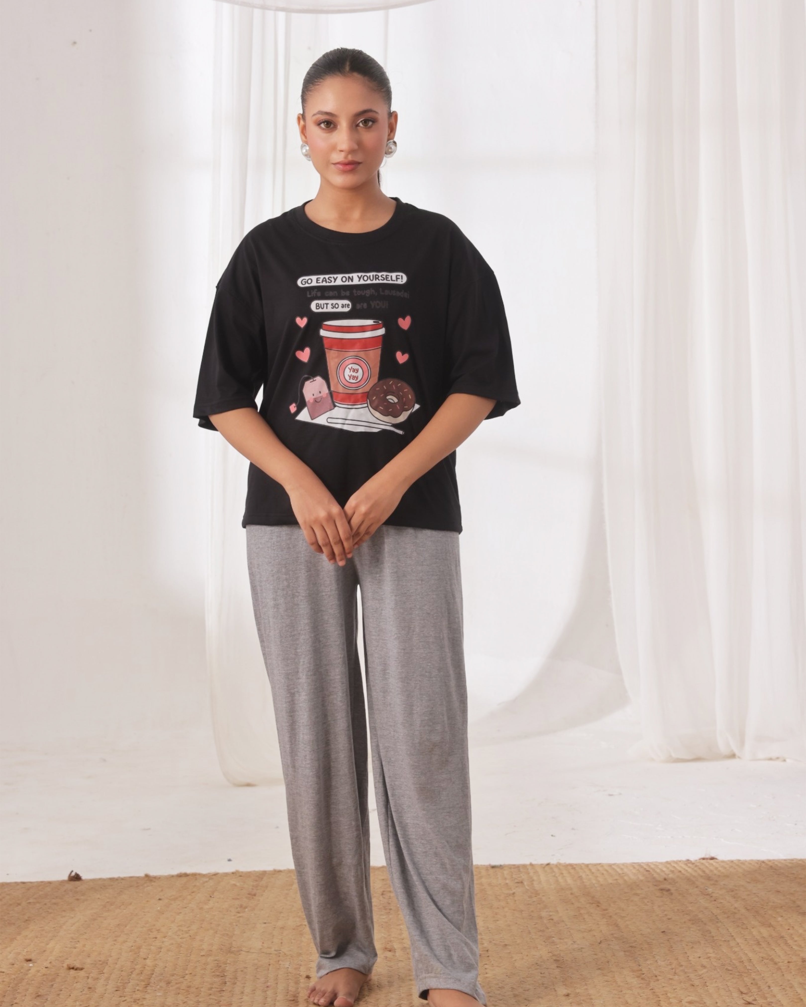 Drop Shoulder Graphic Tee - Go Easy Black