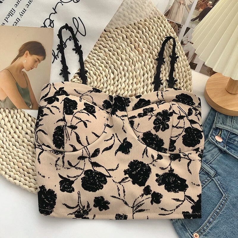 Femmeease - Camisole Floral Bra Flower Strap - Cream