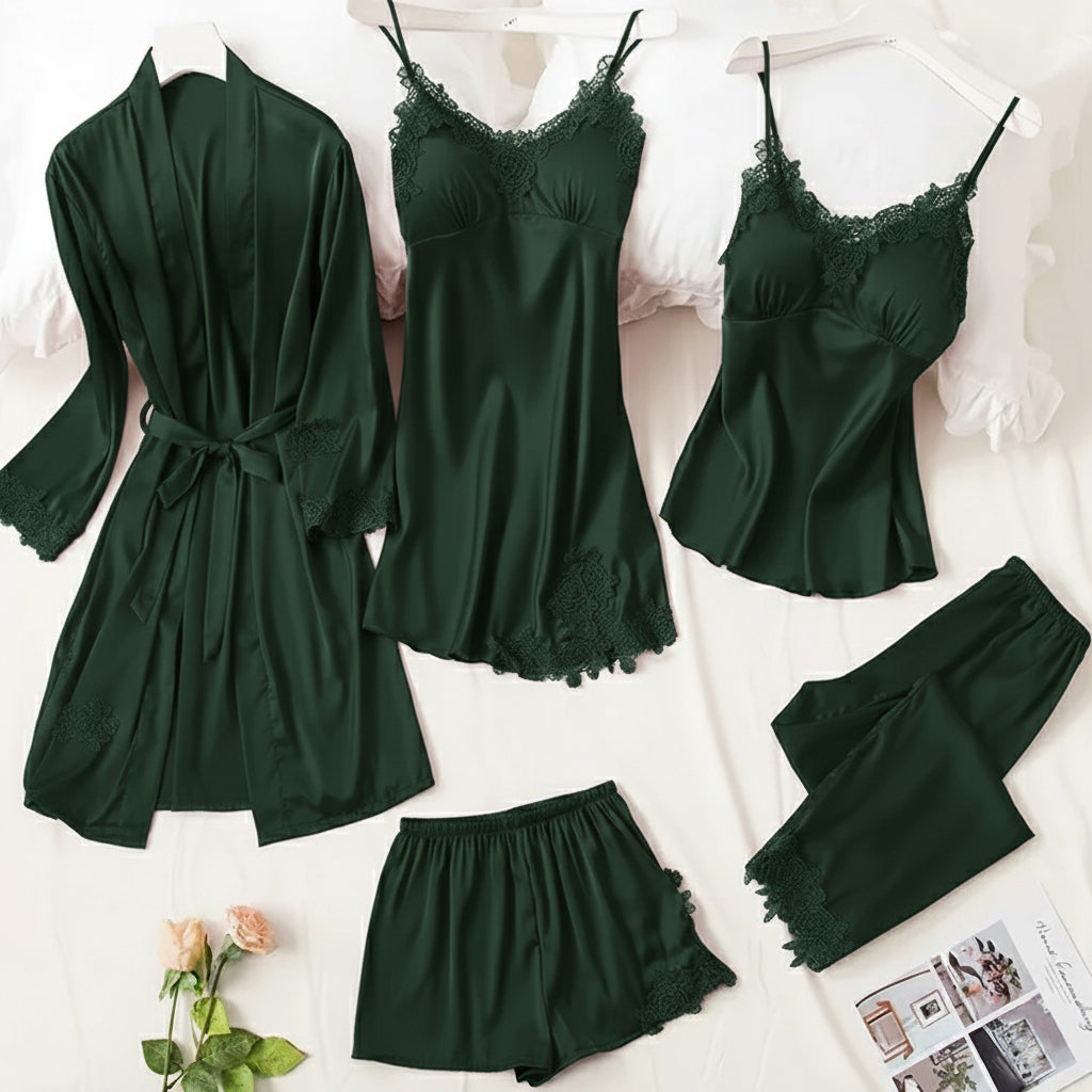 Femmeease | 5pcs LONG SILK NIGHTY SET