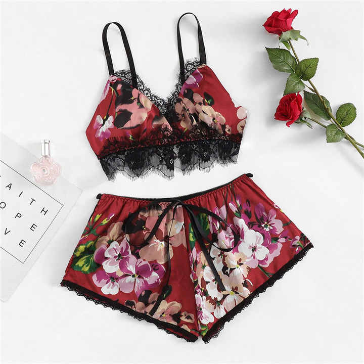 Femmeease Lingerie Set Printed Satin Two Piece Lace Bra and Panty  with Elastic A006