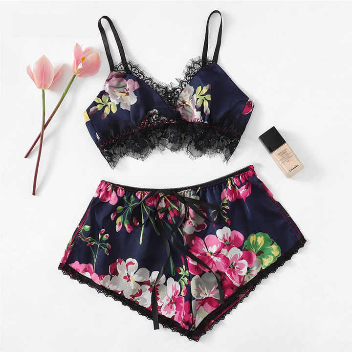 Femmeease Lingerie Set Printed Satin Two Piece Lace Bra and Panty  with Elastic A006