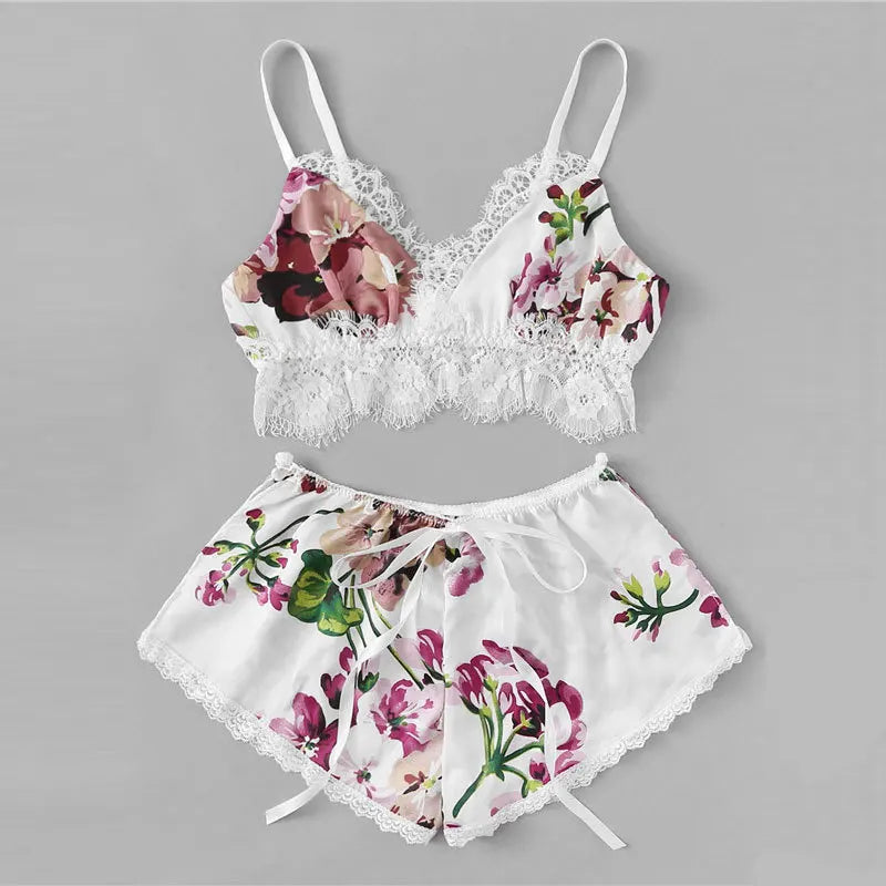 Femmeease Lingerie Set Printed Satin Two Piece Lace Bra and Panty  with Elastic A006