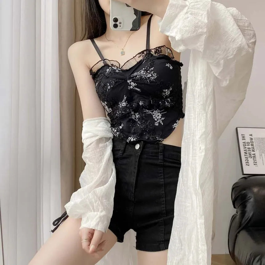 Femmeease -  Floral Asymmetrical Camisole Top - Black