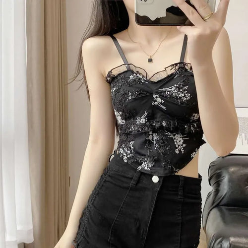 Femmeease -  Floral Asymmetrical Camisole Top - Black