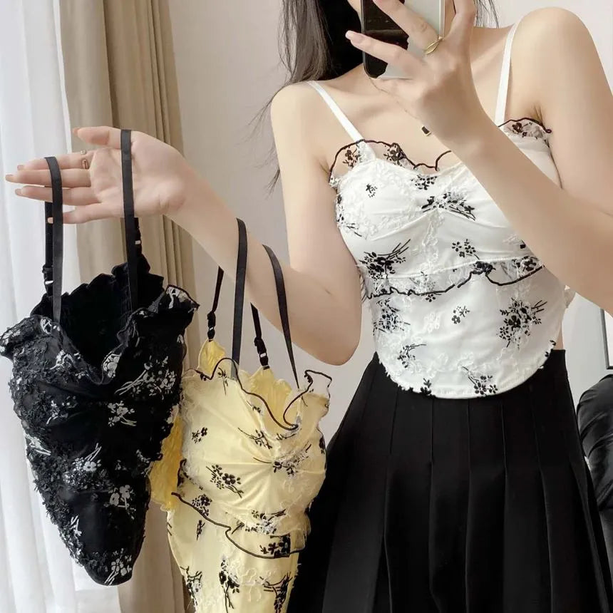 Femmeease -  Floral Asymmetrical Camisole Top - Beige