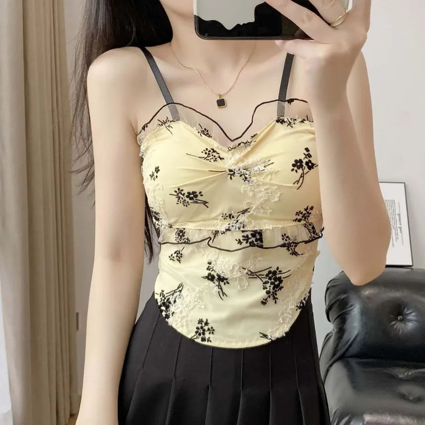 Femmeease -  Floral Asymmetrical Camisole Top - Beige