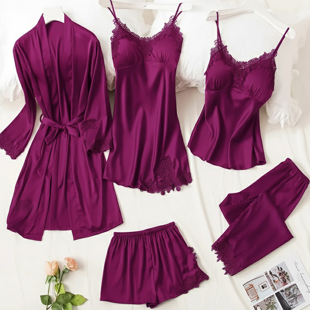 Femmeease | 5pcs LONG SILK NIGHTY SET