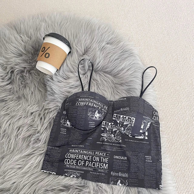 Femmeease - Newspaper Print Crop Top - Black