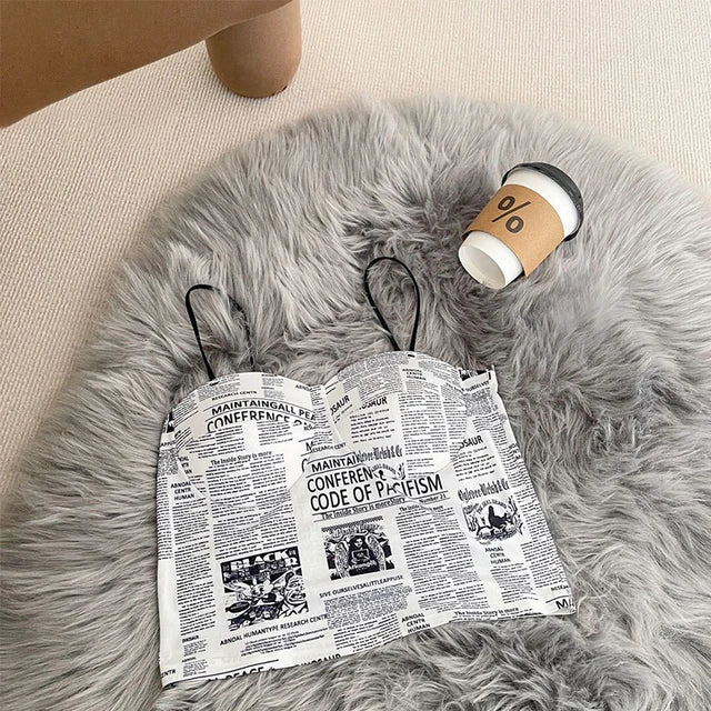 Femmeease - Newspaper Print Crop Top - White