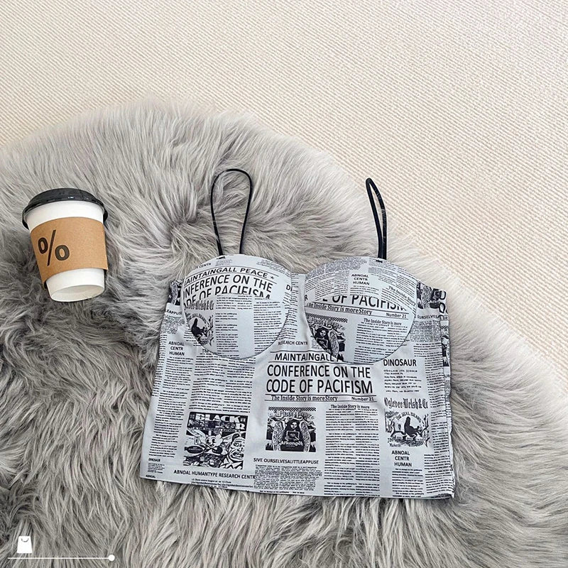 Femmeease - Newspaper Print Crop Top - Grey