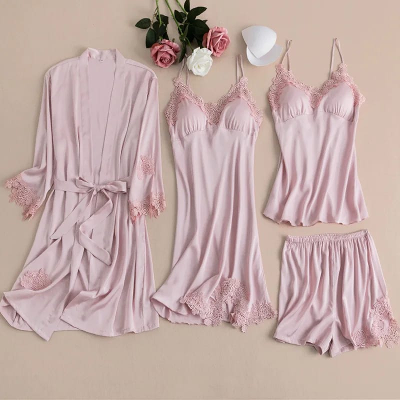 Femmeease | 5pcs LONG SILK NIGHTY SET