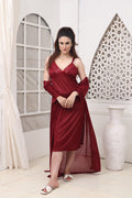 Femmeease - 2 PCS LONG SLIT SILK NIGHTY SET 120 - Maroon