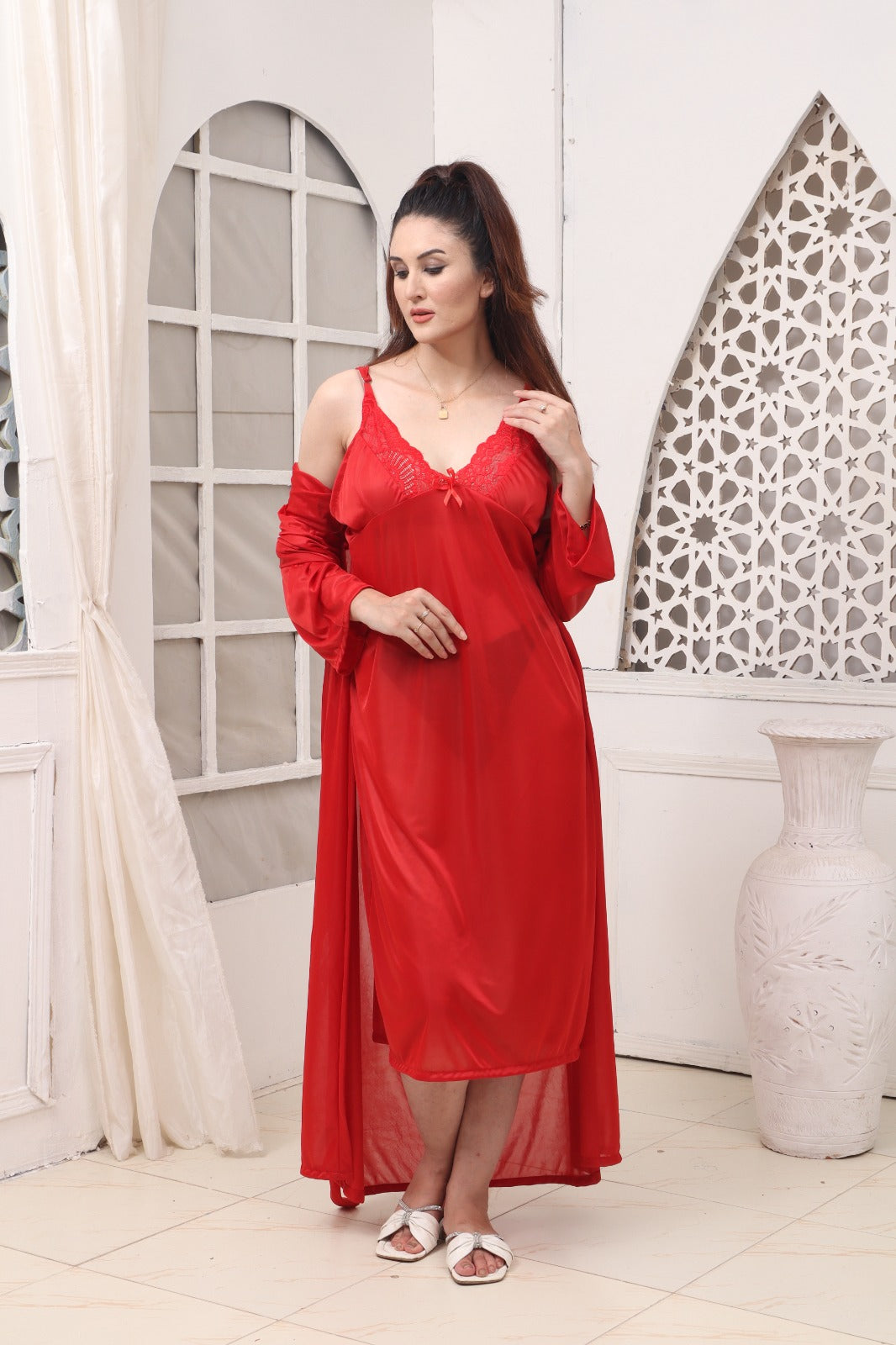 Femmeease - 2 PCS LONG SLIT SILK NIGHTY SET 120 - Free Size