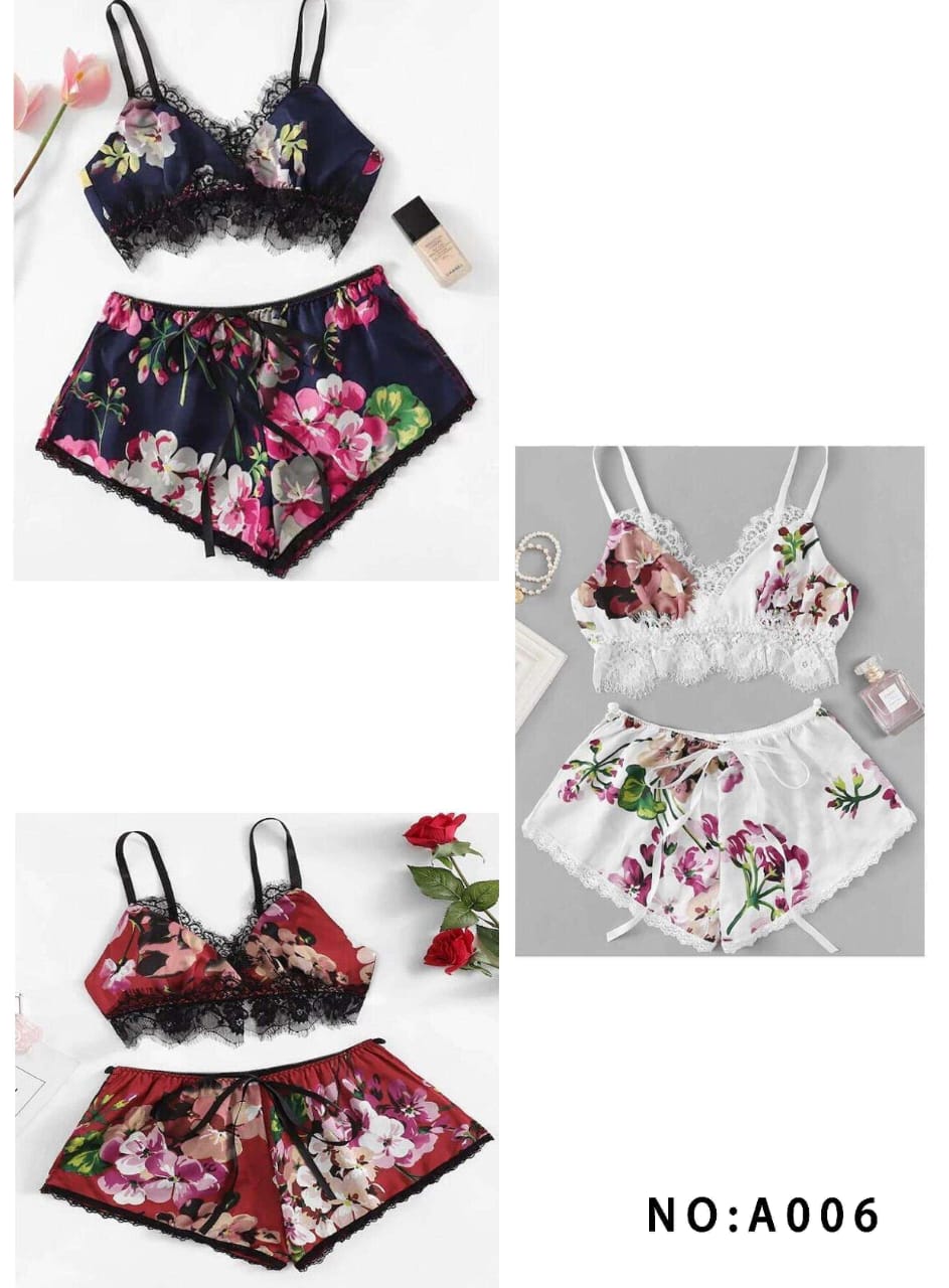 Femmeease Lingerie Set Printed Satin Two Piece Lace Bra and Panty  with Elastic A006