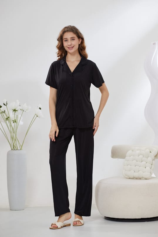 4-Piece Satin Nightwear Set - Rosvian Black