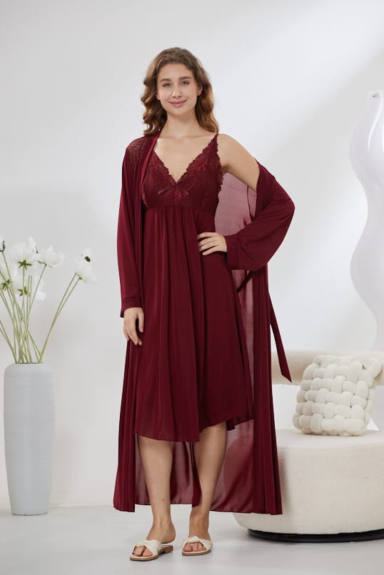 4-Piece Satin Nightwear Set - Rosvian Maroon