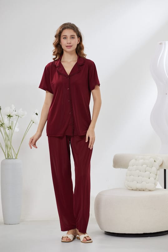 4-Piece Satin Nightwear Set - Rosvian Maroon