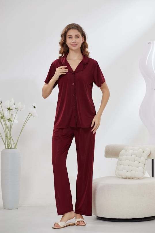 4-Piece Satin Nightwear Set - Rosvian Maroon