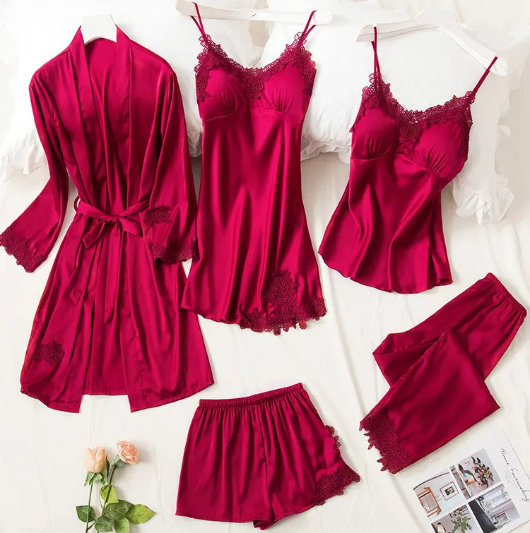 Femmeease | 5pcs LONG SILK NIGHTY SET