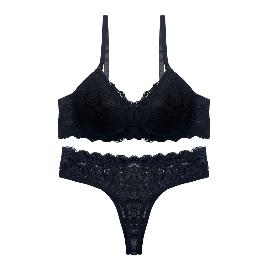 Setbre Lacy Padded Bra and Panty Set Black